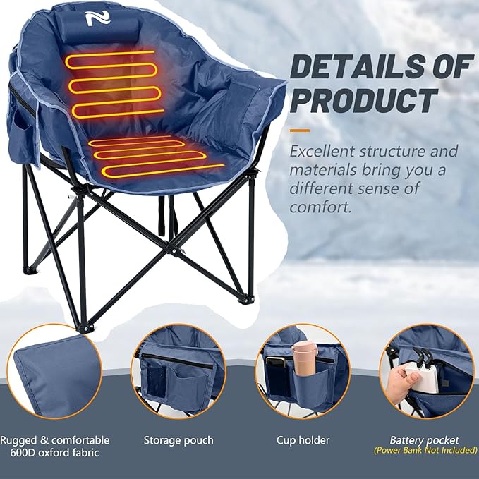 LILYPELLE Oversized Heated Camping Chair, Patio Lounge Chairs with 3 Heat Levels, Portable Folding Heated Chair Round Moon Saucer Folding Lawn Chair Outdoor Chair for Camping, Lounge Patio
