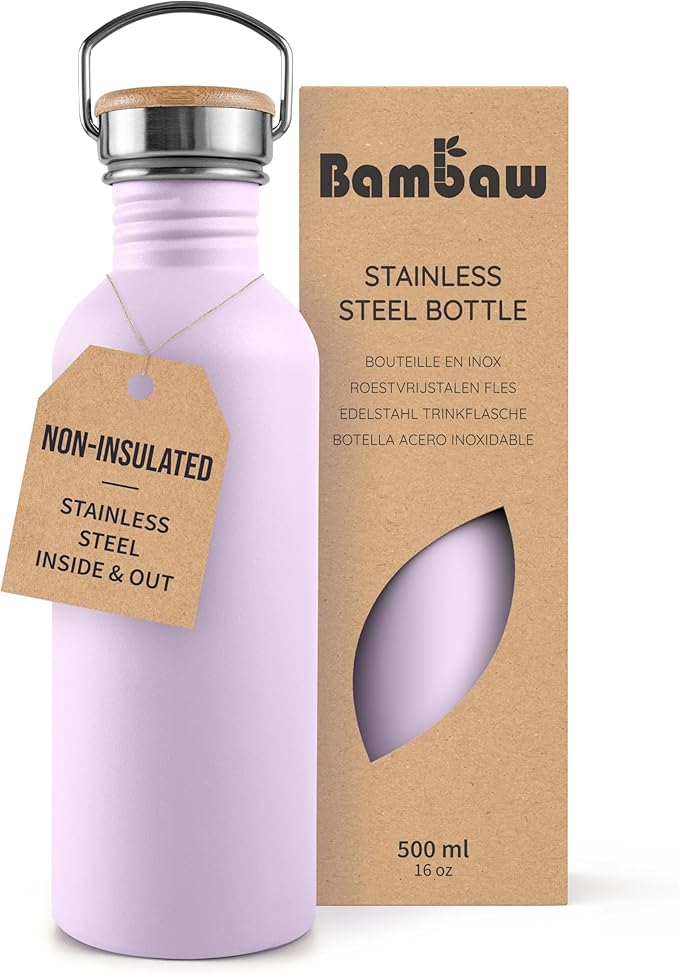 Bambaw Metal Water Bottle 16 oz, Lavender Water Bottle with Handle, Stainless Water Bottle Non Insulated, Small Water Bottle, Purple Water Bottle for Women, Metal Water Bottle – Lavender Haze
