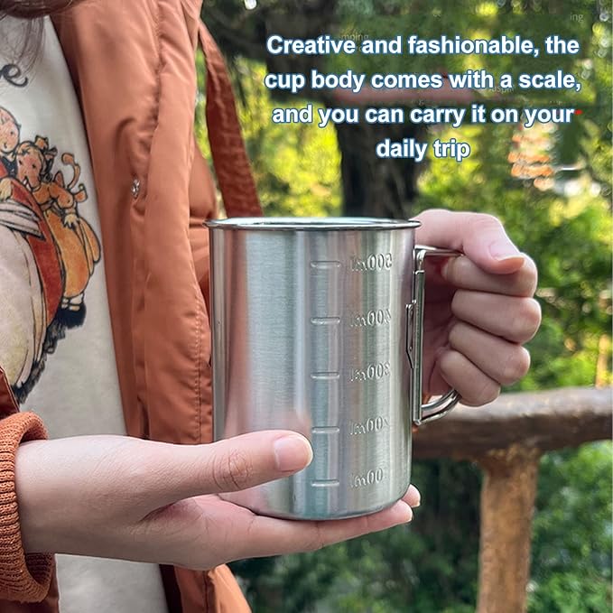 Stainless Steel Camping Cup, 17oz Fireproof Metal Cup with Lid and Foldable Handle, High Temperature Direct Heating, Great for Backpacking