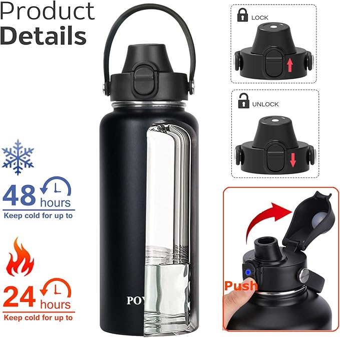 Water Bottle Insulated 32oz 40oz 64oz 128oz Straw Lid Spout Lid & 3 Lids, Leak Proof, Vacuum Insulated,Stainless Steel Water Bottle Wide Mouth for Sports, Gym or Office