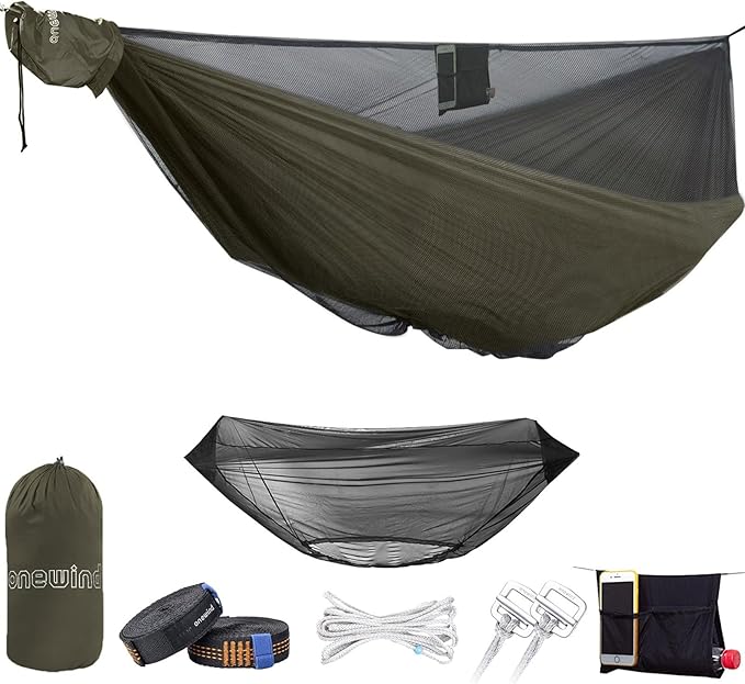 onewind 11ft Camping Hammock with Bugnet, Portable Double Hammock with Mosquito Net, Backpacking Hammock with Net Adjustable Ridgeline Tree Straps for Outdoor Hiking Backpacking, OD Green