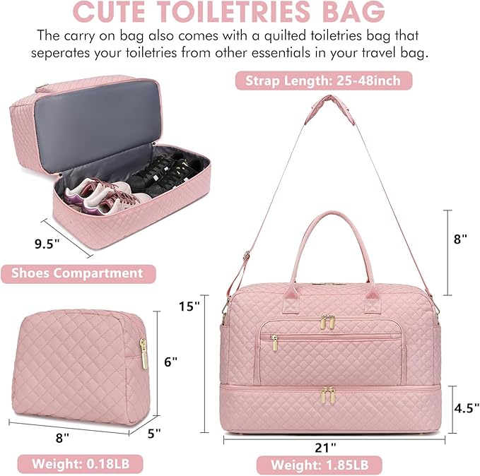 Travel Duffle Bag Weekender for Women - 38L Carry-On Overnight Personal Item Bag with Shoe Compartment & Wet Pocket Weekend Tote Bags with Toiletry Hospital Bags for Labor and Delivery