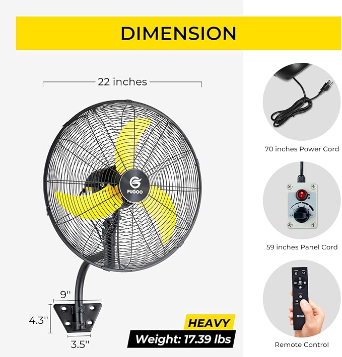 FUGOO 20'' Outdoor Quiet Remote Control Oscillating Wall Mount Fan,All Sealed BLDC Motor,4 Speed Waterproof Outdoor Fan With Remote, Heavy Duty Industrial Wall Fans for House,Patios,Garage,Warehouse
