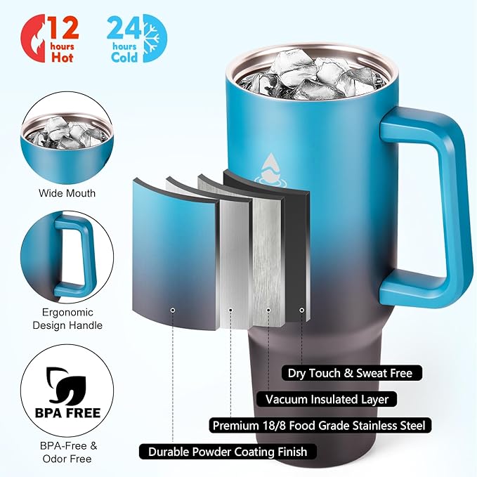 40 oz Tumbler with Handle and Straw or Convert to 40 oz Insulated Water Bottle Fits in Cup Holder. Stainless Steel Metal Water Flask with 2 Lids for Travel,Camping,Gym Sports Coffee Mug Thermal Cup