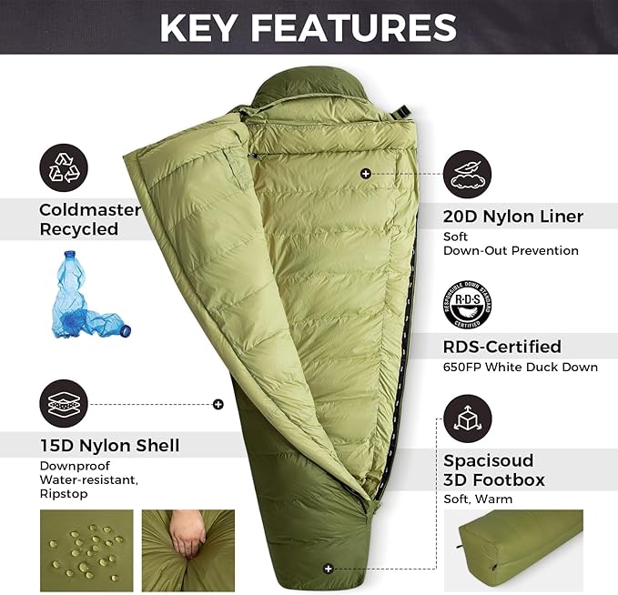 ATEPA Down Sleeping Bag, 700FP Mummy Cold Weather Ultralight 3 Season Compact Packable Waterproof Sleeping Bag with Stuff Sack for Backpacking Camping Hiking Traveling