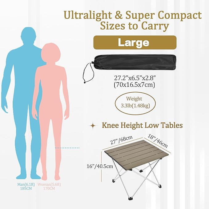 Grope Small Folding Camping Table with Aluminum Table Top, Beach Table for Sand with Carrying Bag,Prefect for Outdoor, Picnic, BBQ, Cooking, Festival (Coffee-L)
