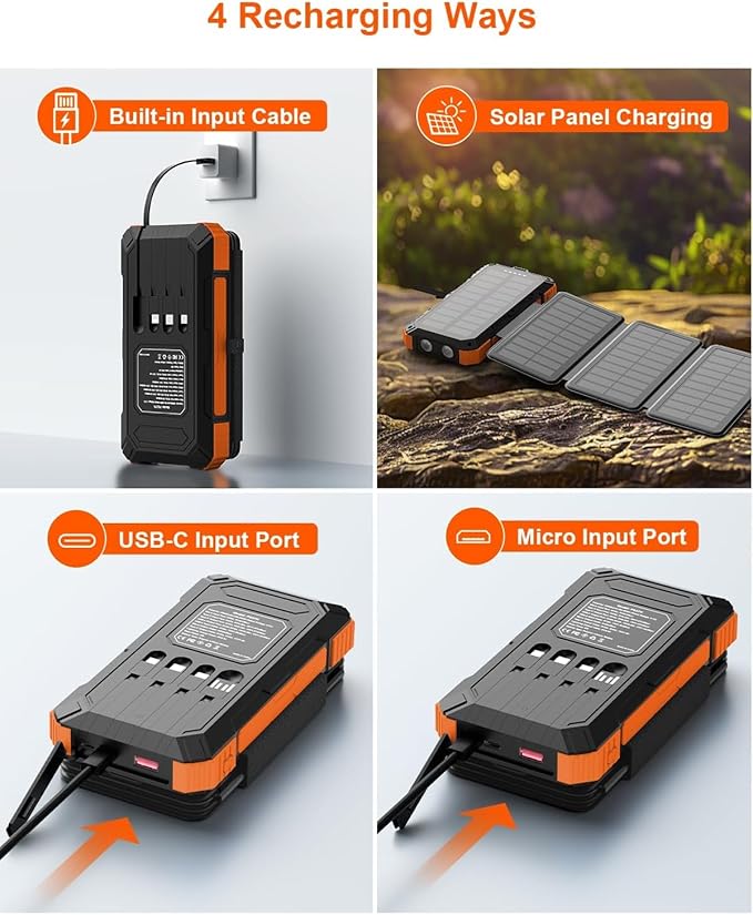 Solar Charger Power Bank 49800mAh with 4 Built-in Cables & 4 Foldable Panels, 22.5W Fast Portable Phone Charger, External Battery Pack with USB-C in/Output & Flashlight for Outdoor Camping