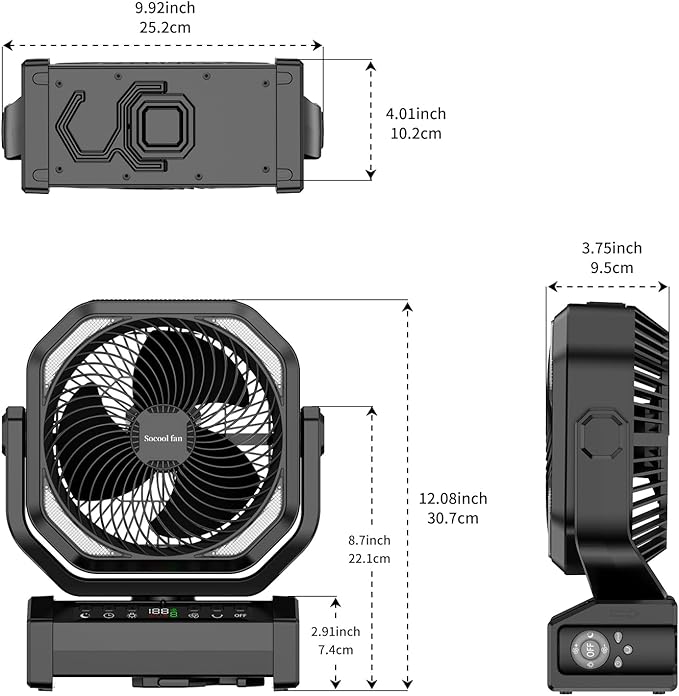 Socool Camping Fan with Light - 20000mAh Rechargeable Battery Fan, 112Hrs Max Run Time, 9 Speeds, Digital Display, Timer, Auto Oscillation, 270° Pivot & Hook for Camping, Power Outage, Hurricane