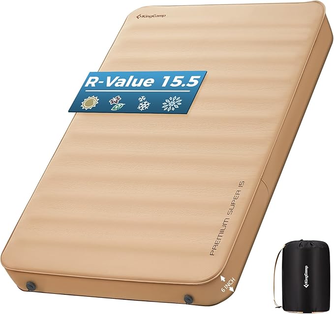 KingCamp Self Inflating Camping Pad, Ultra 6" Thick or Ideal 3" Thcik High R Value Air & Foam Camping Mattress, Full Size Double Sleeping Pad 2 Person for Camp Tent Outdoor Car, Multi Colors, PVC Free