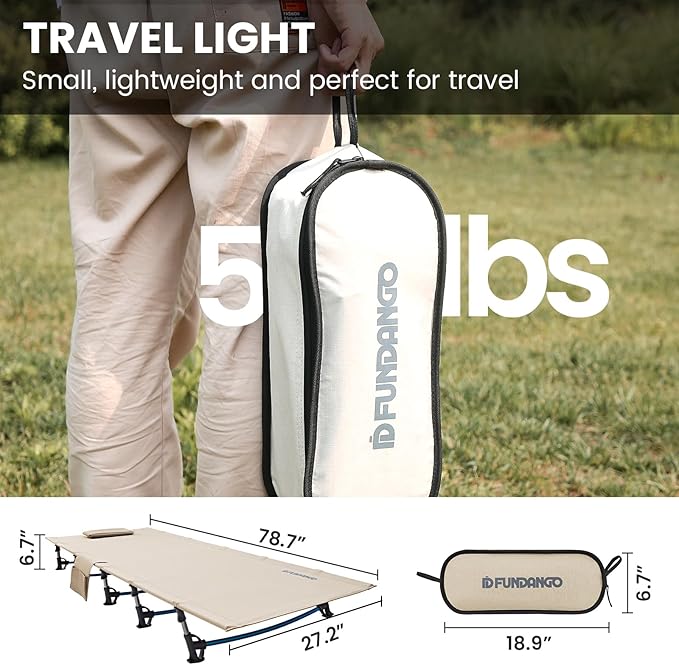 FUNDANGO Ultralight Folding Camping Cot, Extra Long Backpacking Camping Cots for Adults Portable Cot Bed for Hiking Travel Home Mountaineering, Beige