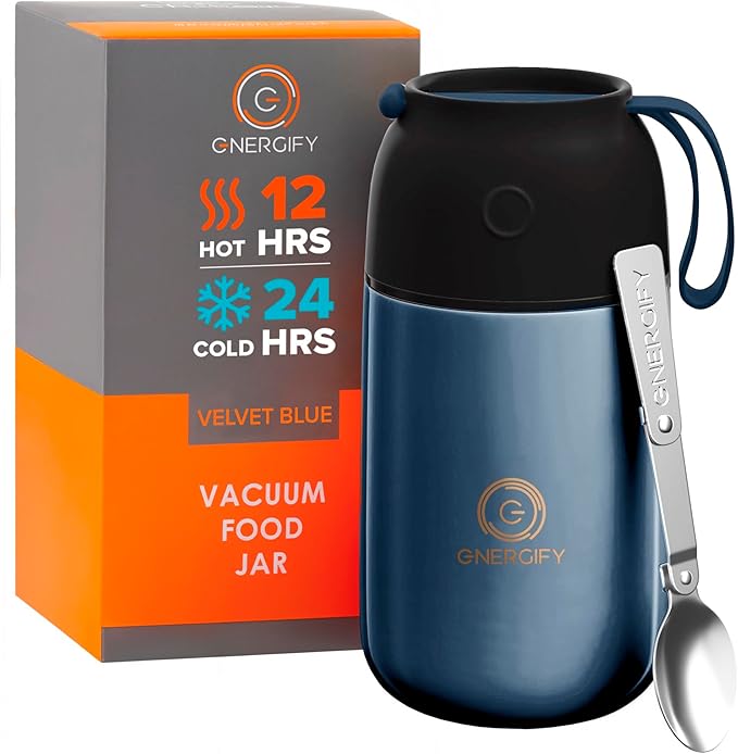 ENERGIFY Vacuum Insulated Food Jar. Large 24oz Bowl incl. Folding Spoon, Cup. Wide Mouth Keep Hot & Cold Drinks Soup Lunch Container for Adults. BPA-Free Stainless Steel, Leak Prooff Velvet blue