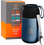 ENERGIFY Vacuum Insulated Food Jar. Large 24oz Bowl incl. Folding Spoon, Cup. Wide Mouth Keep Hot & Cold Drinks Soup Lunch Container for Adults. BPA-Free Stainless Steel, Leak Prooff Velvet blue