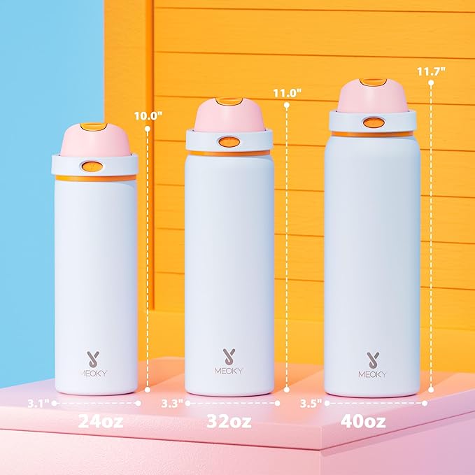 24 oz Insulated Water Bottle with Straw: Meoky Stainless Steel Metal Water Bottle with 2-in-1 Lid - Leak Proof, Cold for 24 Hours, Fits in Car Cup Holder, BPA-Free for Gym Travel Sports, Periwinkle