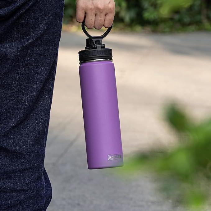 koodee Insulated Water Bottle, 22 oz Stainless Steel Double Wall Vacuum Wide Mouth Sport Bottle with Leakproof Spout Lid (Purple)