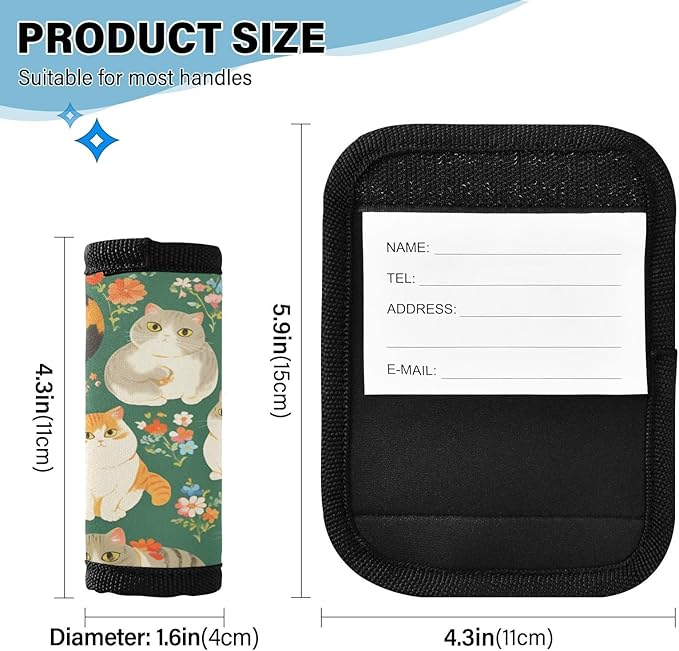 4 PC Luggage Handle Wrap Luggage Handle Covers Tags for Suitcase Bags Travel Luggage Handle Identifier Gripper Scottish Fold Cats Flowers Green