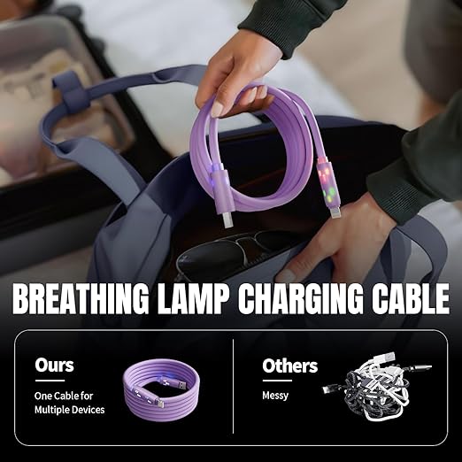 240W USB C Cable,4 in 1 Charging Cable Fast Charging & Data Sync,Multi USB Charging Cable with Breathing Light,Charger Cord for iPhone 17/16/15 14 13 iPad Galaxy MacBook iPad Tablets,Purple 5Ft