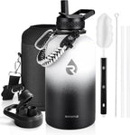 Insulated Water Bottle 64 oz, Triple Wall Vacuum Stainless Steel (Cold for 48 Hrs), Leak Proof & Non-BPA, Half Gallon Water Flask Jug with Paracord Handle & Straw Spout Lids, White/Black