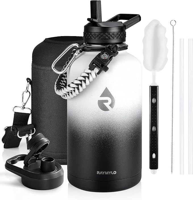Insulated Water Bottle 64 oz, Triple Wall Vacuum Stainless Steel (Cold for 48 Hrs), Leak Proof & Non-BPA, Half Gallon Water Flask Jug with Paracord Handle & Straw Spout Lids, White/Black