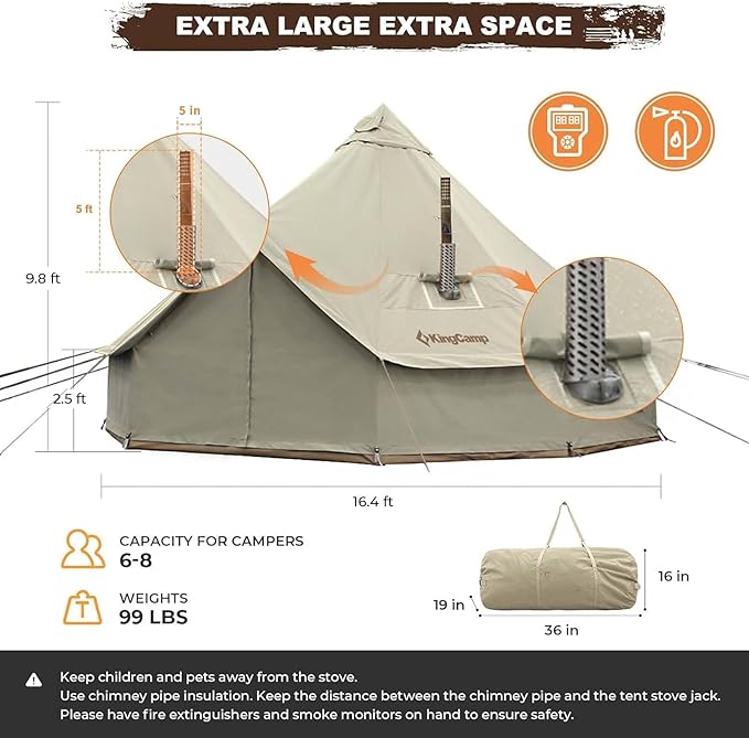 KingCamp Canvas Bell Yurt Tents, 4 Seasons Large Waterproof & Windproof Luxury Glamping Tent w/Stove Jack for Family Outdoor Camping, Hunting, Parties