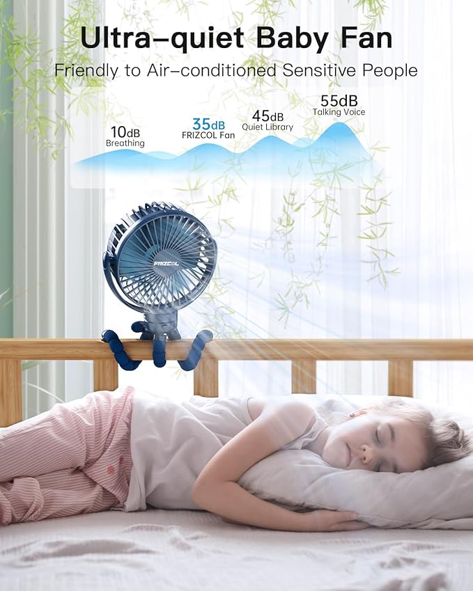 FRIZCOL 12000mAh Portable Stroller Fan, Use As Power Bank, 65H Battery Operated Fan Flexible Tripod Clip On Fans, Detachable Personal Handheld Baby Fans for Stroller, Car seat, Desk, Treadmill (Blue)