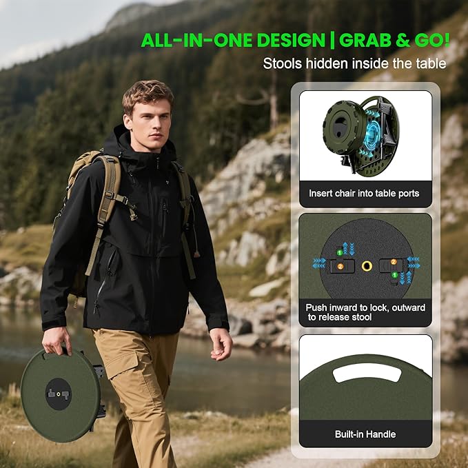 LED Camping Table Set with Stools, 300lbs Capacity Adjustable Height Folding Table & Chairs, All-in-One Compact Design for Outdoor, Camping, Picnic, Tailgating