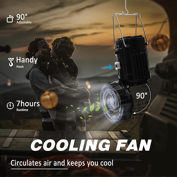 2-Pack Solar Camping Fan w/ Lantern, DIBMS Collapsible Solar Powered USB Rechargeable & Battery Powered Emergency Hanging Lights for Camping Tent Hurricanes Power Outages Storm Indoor Outdoor
