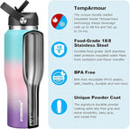 40 oz Insulated Water Bottle with Straw fit in Car Cup Holder(Cold 48 hrs, Hot 24 hrs) Drinking Bottle with Straw Lid, Spout Lid and Flex Cap Leakproof Travel Thermo Mug，Mint - Pink - Purple