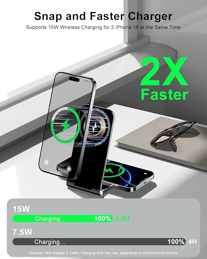 2-in-1 Wireless Charging Station, 15W Fast Mag-Safe Wireless Charger Compatible with iPhone 17 16 15 14 13 12 Pro Max, Foldable Portable Phone Charger Stand with USB-C Cable (No AC Adapter)