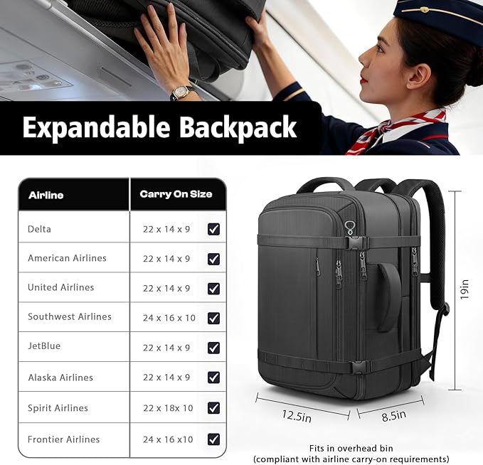Ample Space Travel Backpack with LifetimeWarranty,Expandable Carry on Backpack with Cable Access Port,Fits 17.3"Laptop Notebook,Water Resistant Weekender Backpack Business Trips,Daily Travel,Black