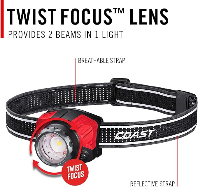 Coast® FL85R 1000 Lumen Tri-Color (White/Red/Green) Focusing Rechargeable LED Headlamp, Built-in Rechargeable Battery