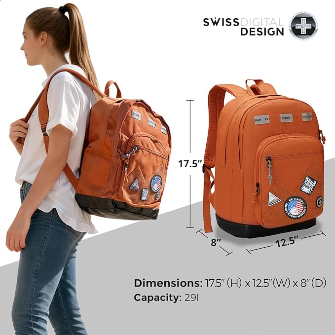 Swissdigital Design Big Student Laptop Backpack with Fun Personalized Patches For College Boy & Girl, Middle High School Teen Bookbag Cool Travel Daypack Orange - Includes 3 Patches | SD1718-33