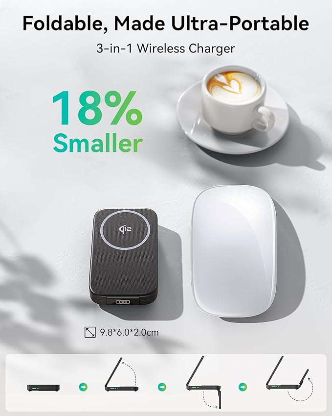 INIU 3 in 1 Wireless Charging Station, Qi2 Certified 15W Travel Charger for Apple Multiple Devices, Foldable Magnetic Wireless Charger Stand for iPhone 17 16 15 14 13 12 Series Apple Watch AirPods