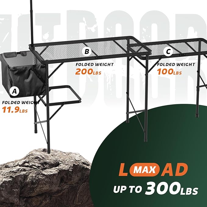 Folding Table with Sink and Double Shelf, Camping Table Height Adjustable Folding Grill Table, Portable Outdoor Table for Picnic,Camping,BBQ,Beach,69 x20 x32 Inches(Black)