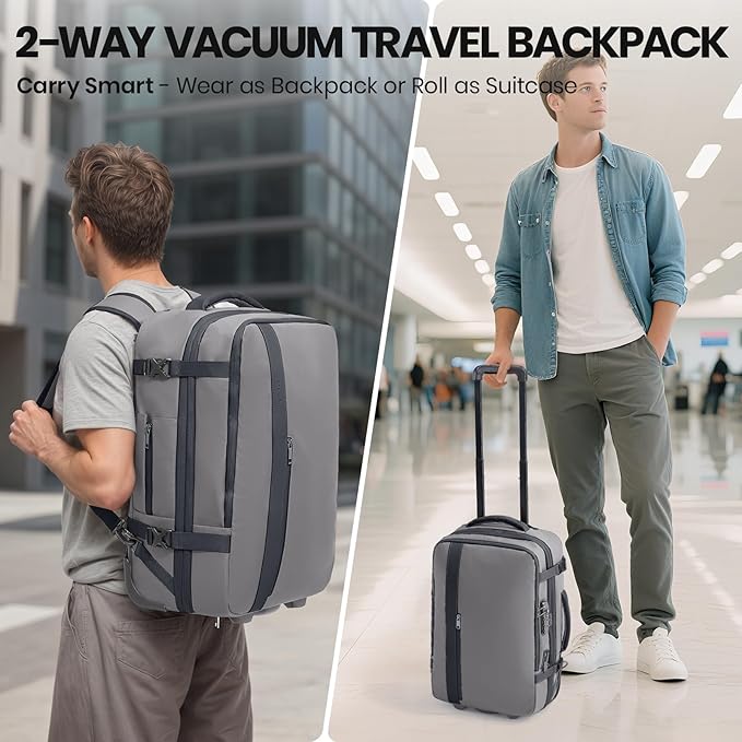 Fanwoli Vacuum Rolling Travel Backpack, Carry On Luggage with TSA Lock & Anti Theft Zipper, 70L Expandable Airback with Compression Pump, Waterproof Laptop Bag Ideal for Flight & Business