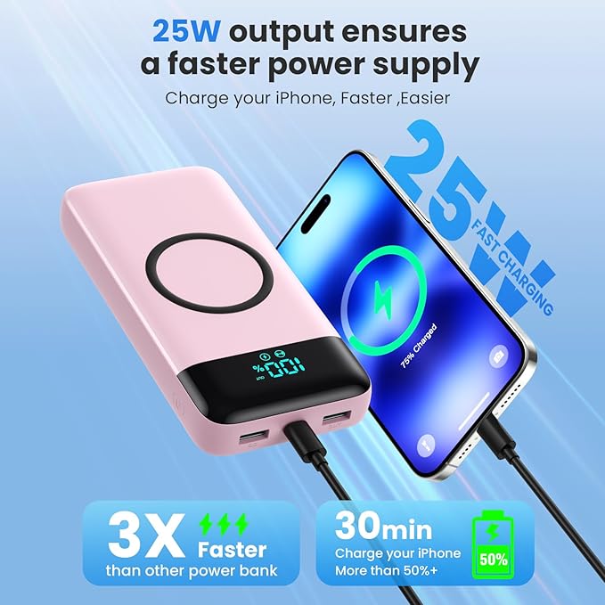 Wireless Portable Charger 40800mAh for iPhone with 3 Built-in Cables,7-in-1 15W Wireless Charging USB C Power Bank,LCD Display 25W PD QC 4.0 Fast Charging Battery Pack for iPhone 16/15/14/13/12-Pink