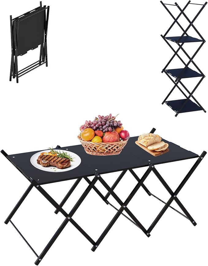 Folding Camping Table & Shelf, 2-in-1 Portable Aluminum Picnic Table and 3-Tier Storage Rack, Lightweight Low Table with Carrying Bag for Outdoor, Beach, Picnic, BBQ and Party