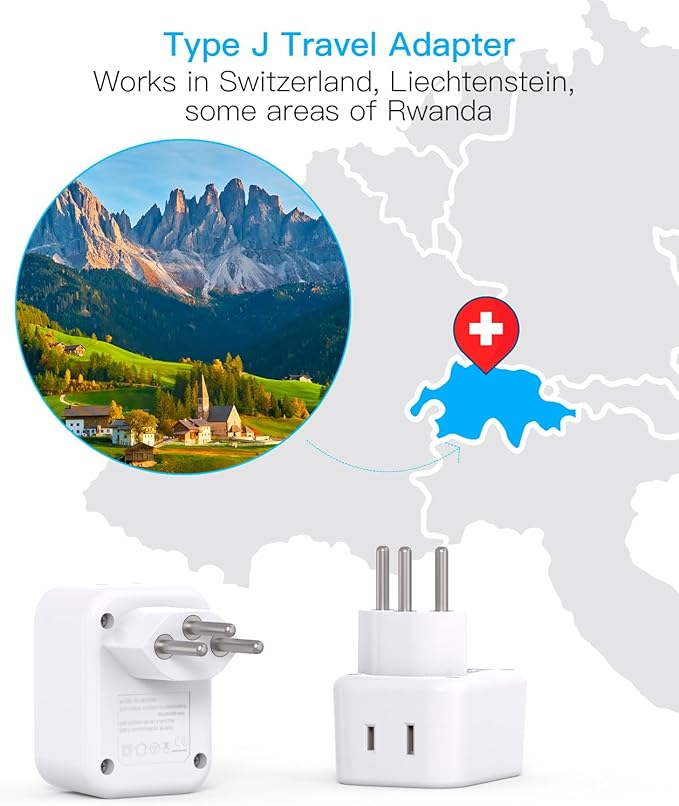 HANYCONY Switzerland Power Travel Plug Adapter, Type J Power Adapter with 2 Outlets 3 USB Ports(2 USB C) for US to Swiss Switzerland Liechtenstein Rwanda