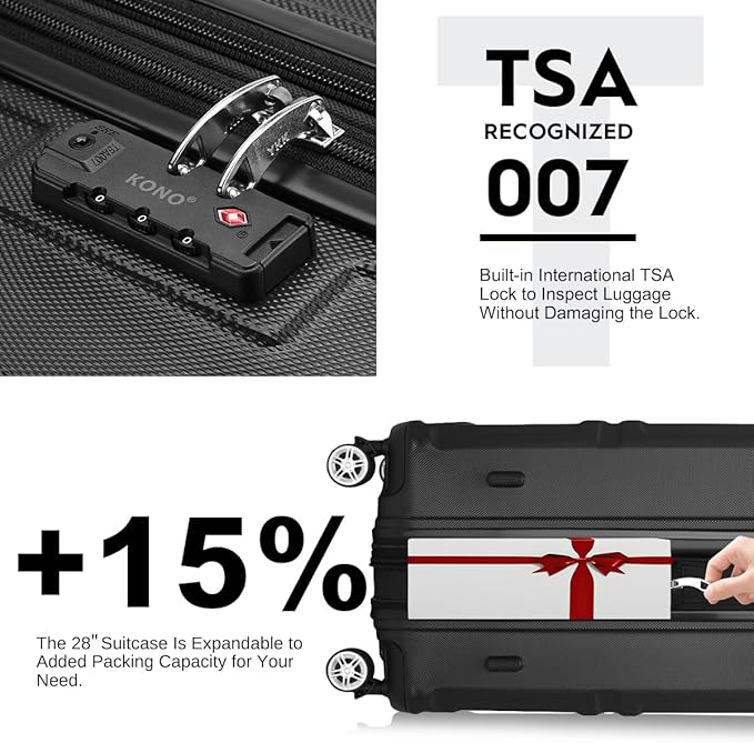 Kono 28 Inch Luggage Expandable Suitcase Lightweight with Spinner Wheels TSA Lock Hardside Large Checked Luggage Durable Rolling Suitcase Black