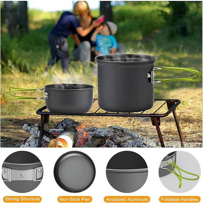 Camping Cookware Mess Kit Backpacking Pot Gear Camping Cooking Pots and Pans Set Camp Kitchen Equipment Accessories Green
