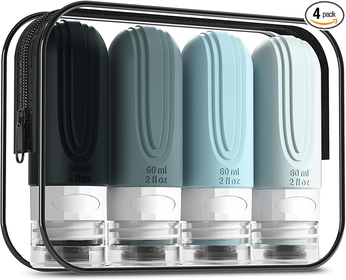 Mrsdry Travel Bottles for Toiletries, Tsa Approved 2oz Travel size Bottles, BPA Free Leak Proof Travels Toiletry Containers, Traveler Accessories with Toiletry Bag for Shampoo Liquid (4 Pack)