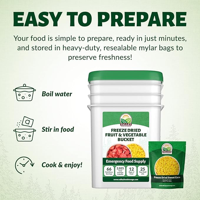 Freeze Dried Fruit & Vegetable Bucket | 12 Pouches Premium Emergency Food Supply | Non-GMO Survival Food 25 Year Shelf Life | Camping Food, Backpacking Meals, Prepper Supplies | Valley Food Storage