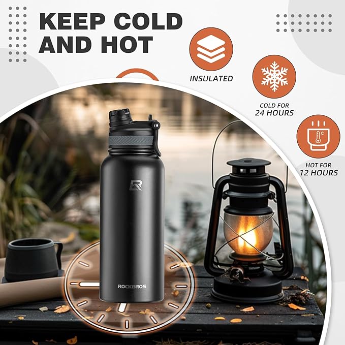 ROCKBROS Insulated Water Bottle with Straw, Stainless Steel Sports Water Cup Flask Leak Proof with Handle Keep Warm and Cold for Hiking, Cycling, Bike Travel, School Sports, Gym