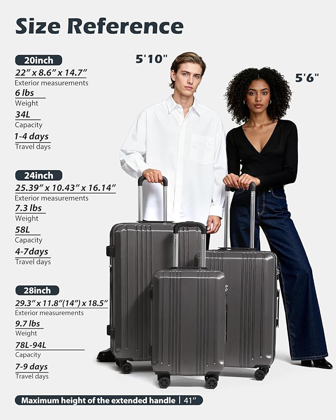 Coolife Luggage 3 Piece Set PC+ABS Hardshell Suitcases with TSA Lock, Spinner Lightweight (ice blue, 3 piece set)