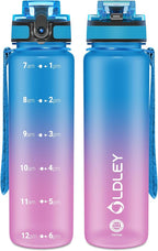 OLDLEY 32 oz Water Bottle, Motivational Water Bottle with Time Marker, Sports Water Bottle With Strap, Leakproof & BPA Free Large Water Bottles for School, Gym, Travel, Outdoor, Tritan,Blue&Purple
