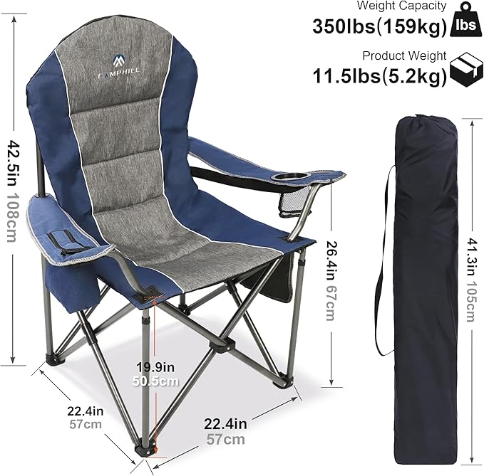 Folding Camping Chair:Oversized Portable Lawn Chairs for Adults,Outdoor Heavy Duty Padded Seats,Support 350 LBS,for Camp,Travel & Picnic