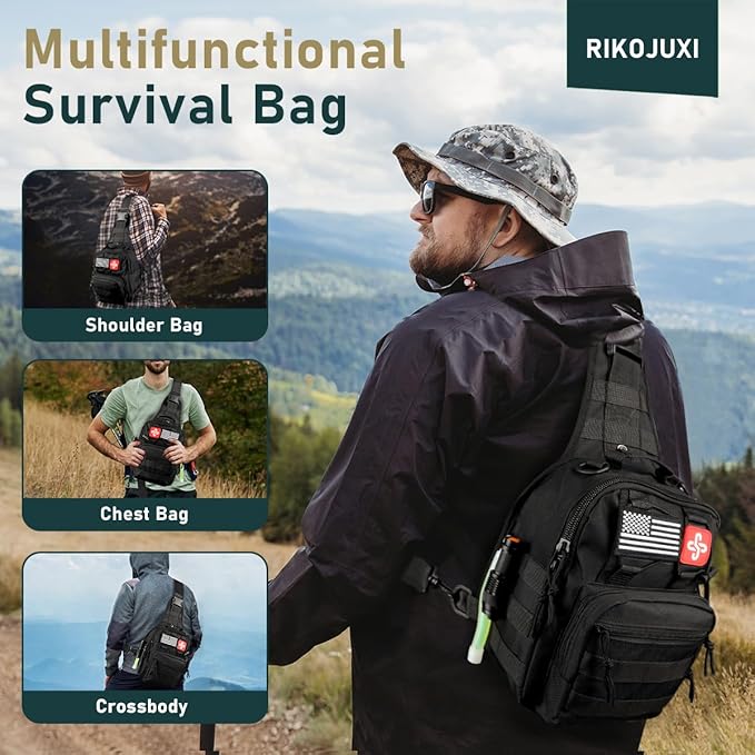 Survival Kit, 262Pcs Survival Gear and Supplies with First Aid Kit Pouch and Crossbody Bag, Emergency Kit with Tent, Camping Axe Hammer, Survival Shovel w/Pick, Bug Out Bag Gifts for Men Women