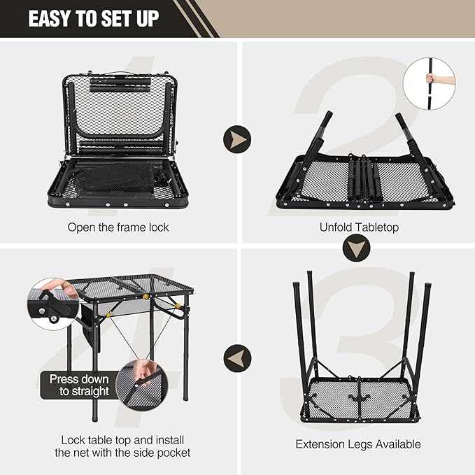 REDCAMP Small Folding Grill Table for Outside, 3 Heights Adjustable Lightweight Portable Metal Aluminum Outdoor Grill Table for Camping Picnic Cooking BBQ, Black 24x16 inches