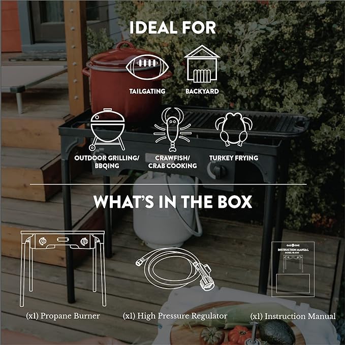 Gas One Propane Double Burner Two Burner Camp Stove Outdoor High Pressure Propane 2 Burner Adjustable PSI Regulator and 4ft Steel Braided Hose With Removable Legs