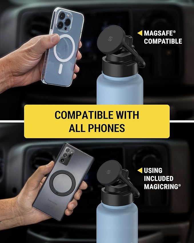 Scosche MFMS32 MagicMount Flask 32 oz Stainless Steel Water Bottle with MagSafe Phone Mount Stand, 12H Hot & 24H Cold, Insulated Flask with Magnetic Phone Holder for Gym, Travel, Sports, 32oz, Blue