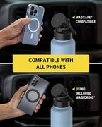 Scosche MFMS32 MagicMount Flask 32 oz Stainless Steel Water Bottle with MagSafe Phone Mount Stand, 12H Hot & 24H Cold, Insulated Flask with Magnetic Phone Holder for Gym, Travel, Sports, 32oz, Blue